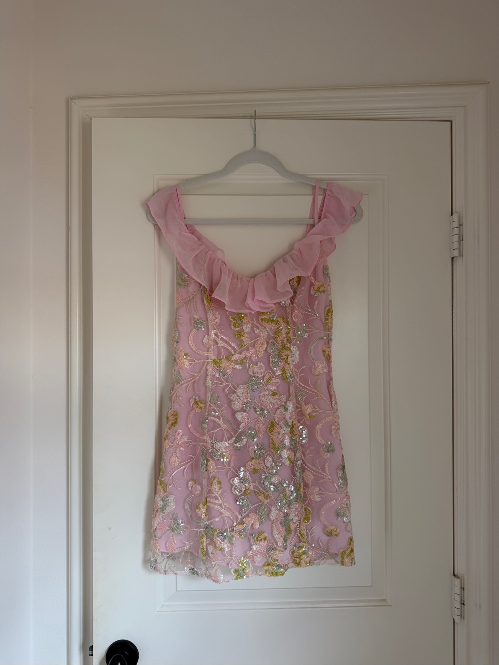 Oh Polly Pink Ruffle Neck Sequined Party Dress